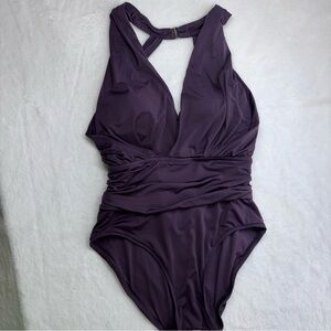 Mischa Badgley Deep Plum Chocolate One Piece Swimsuit  V-Neck Ruched Waist 6